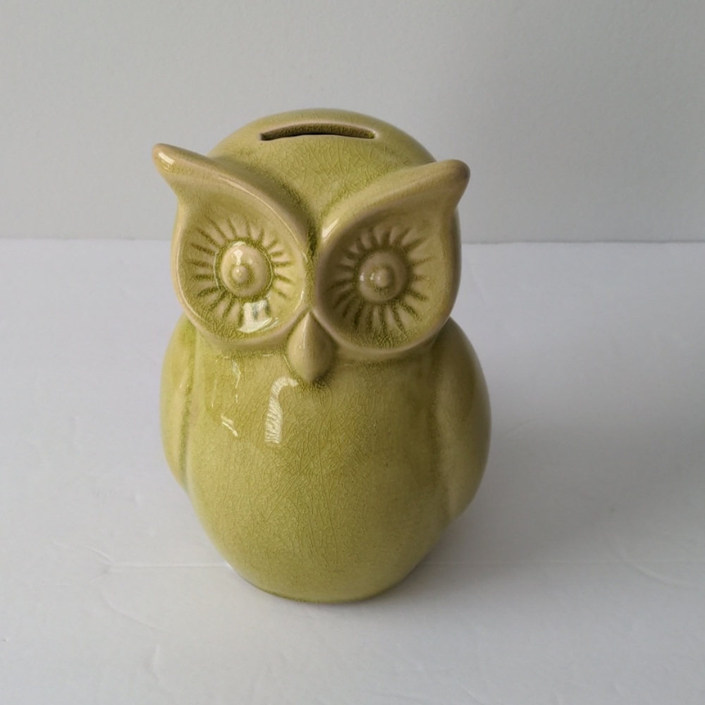 Owl Glazed Ceramic Owl Bank Figurine Chartreuse Green Crackle Glaze